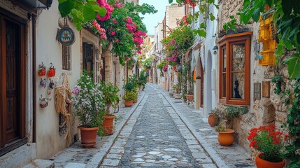 Cobblestone street, floral alley, Turkish town, summer tourism