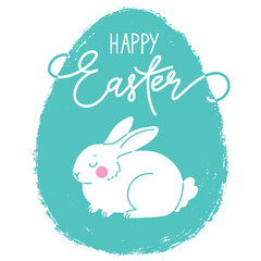 Happy Easter hand drawn egg background with cute rabbit. Colorful template Easter greeting card. Flat vector illustration.