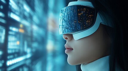 Woman using futuristic VR headset, city backdrop