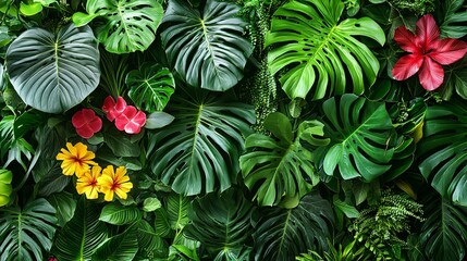 Lush Tropical Foliage with Vibrant Red and Yellow Flowers in a Dense Green Jungle Setting