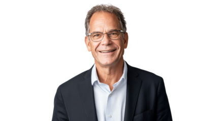 A thoughtful business professional with glasses, smiling against a white isolate background, exuding confidence and approachability.