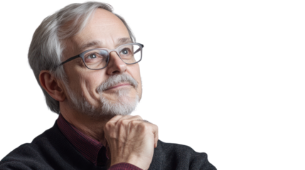 A thoughtful older man with glasses and gray hair, wearing a dark sweater, gazes upwards in contemplation against a white isolate background.