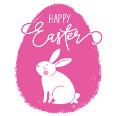 Happy Easter hand drawn egg background with cute rabbit. Colorful template Easter greeting card. Flat vector illustration.
