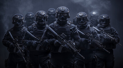 A group of special forces soldiers in black gear, with smoke effects and dark backgrounds
