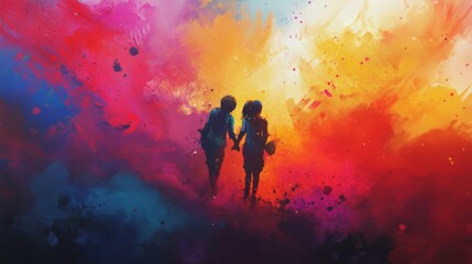 Fototapeta premium Couple walking towards a vibrant colorful sky