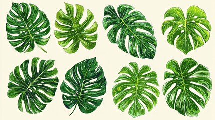 Eight green monstera leaves on a pale background in digital painting style tropical foliage