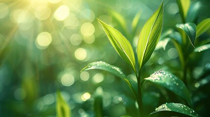 Obraz premium A blurry abstract sunlight background with closeup of solitary green plant