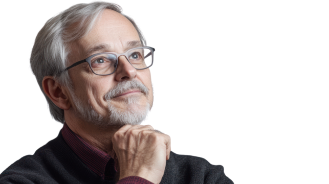 A thoughtful older man with glasses and gray hair, wearing a dark sweater, gazes upwards in contemplation against a white isolate background.