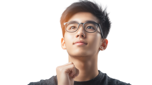 A thoughtful young man in glasses looking upwards, contemplating ideas. Isolated on white background, ideal for concepts related to inspiration.