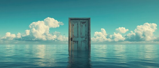 A single, weathered wooden door stands alone in the middle of a calm ocean under a blue sky.