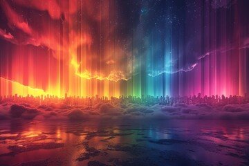 Obraz premium Cityscape at Night Under a Rainbow Aurora