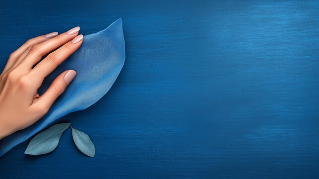 A hand is holding a blue cloth. The cloth is folded and has a leaf on it - Powered by Adobe