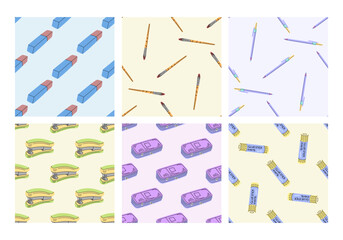 Set of seamless patterns with school and office supplies in flat style