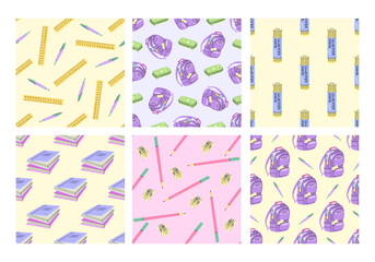Set of seamless patterns with school stationery and books in flat style