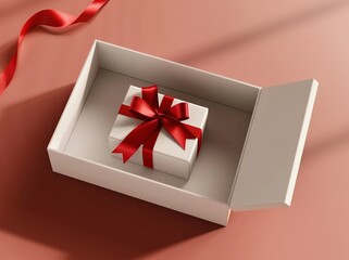 3D open gift box with a red ribbon bow on an isolated background, presented in a flat lay top view as a mockup design element. Ideal for Valentine's Day or Christmas illustrations, this vector illustr