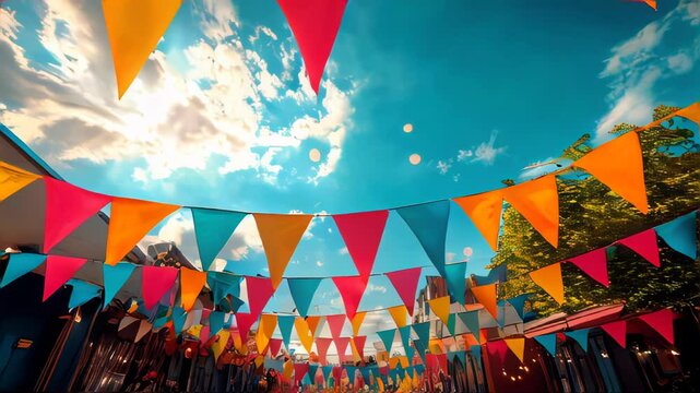 Vibrant bunting flags in red, yellow, and blue decorate an outdoor event under a bright sky