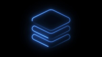 Glowing Neon Layer Icon, Symbol of Stacked Elements and Digital Design, HD Video Motion Graphic Animation on Black Background