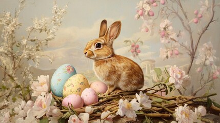Adorable Easter Bunny nestled amongst pastel eggs and spring blossoms
