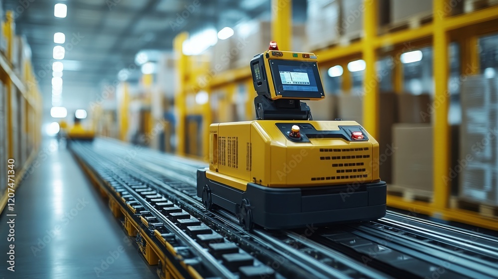 Poster automated mobile robot executing tasks in a modern warehouse on a busy day