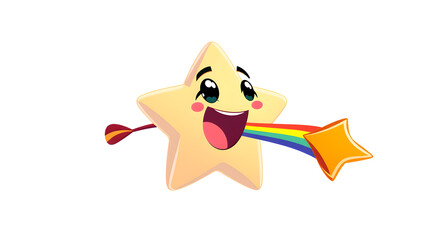 Fototapeta premium Cute cartoon shooting star with rainbow tail 3d vector icon isolated on white background. Generative AI