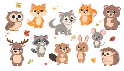 Fototapeta premium Set of flat vector illustrations. Cute forest animals. Bear, mouse, fox, hedgehog, squirrel, raccoon, beaver, hare, elk, deer, owl. Vector illustration.