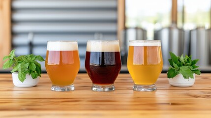 Three distinct glasses of beer sit on a wooden table, accompanied by small plants, showcasing a variety of colors and textures.