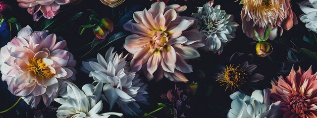 Artistic arrangement of vibrant peonies, chrysanthemums, and dahlias in various colors and sizes, showcasing delicate petals and intricate details under subtle lighting against a dark background.