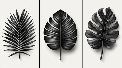 Three black leaves on white background minimalist botanical art design nature illustration