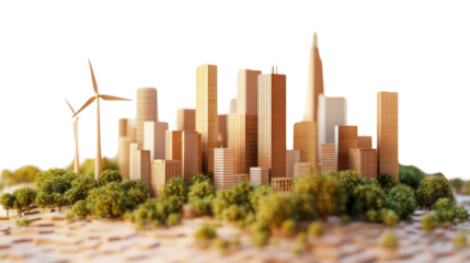 A vibrant cityscape model featuring modern architecture, wind turbines, and greenery, showcasing sustainable urban living.