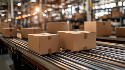 Efficient Production Line Featuring Cardboard Boxes On Conveyor Belt, Logistics, selective focus