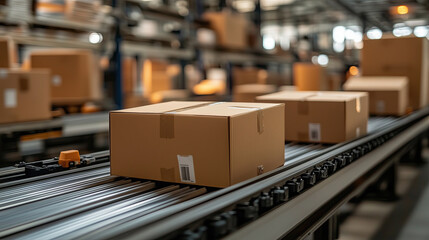 Efficient Production Line Featuring Cardboard Boxes On Conveyor Belt, Logistics, selective focus