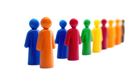 A vibrant collection of colorful plastic figures arranged in a line, symbolizing diversity and unity in a modern environment.
