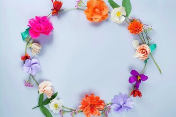 Colorful paper flowers including pink peonies, orange marigolds, purple lilies, green leaves, white daisies, red roses, yellow tulips, and baby's breath arranged in a circular frame around 
