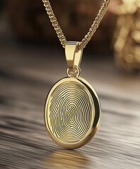 Elegant Gold Pendant with a Unique Fingerprint Design, copy space, close-up