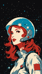 the girl in a astronout hat, astraonut girl vector illustration, red head woman illustration portrait