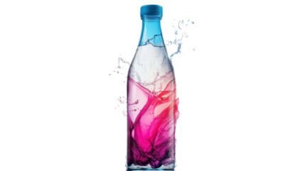 A vibrant glass bottle filled with colorful liquid, splashes of water creating a lively effect, isolated on a white background.