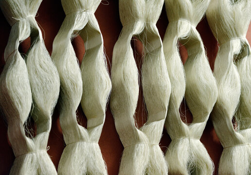 Hanks skeins of silk thread fibre yarn used in manufacture of quality Turkish carpet. Cankurtaran Carpet Centre, Denizli, Turkey