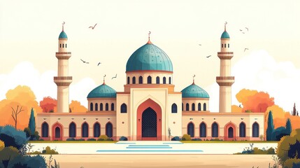Obraz premium Grand mosque, teal domes, autumnal setting.