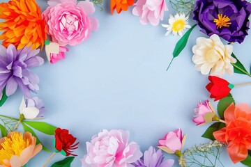 Colorful paper flowers including pink peonies, orange marigolds, purple lilies, green leaves, white daisies, red roses, yellow tulips, and baby's breath arranged in a circular frame around 