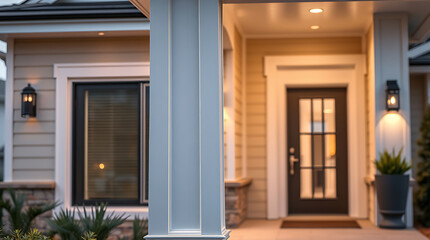 Elegant Home Exterior at Dusk: Modern Architectural Design and Warm Lighting