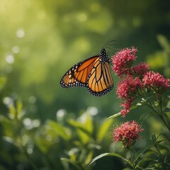 Obraz premium A bright lime green background with a fluttering monarch butterfly.