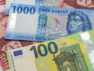 stack of Hungarian forint banknotes and 100 euro