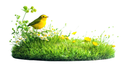 A vibrant yellow bird perched on lush green grass surrounded by delicate wildflowers, illustrating the beauty of nature in spring.