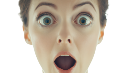 A woman displaying a shocked and surprised expression, with wide-open eyes and an open mouth, isolated on a white background.