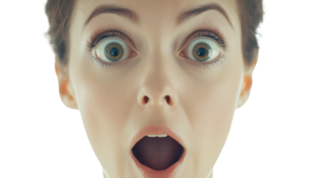 A woman displaying a shocked and surprised expression, with wide-open eyes and an open mouth, isolated on a white background.