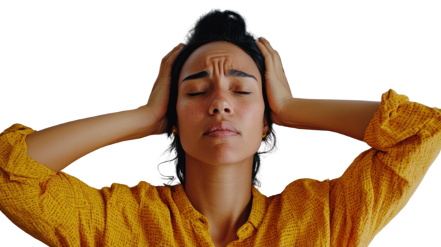 A woman in a yellow shirt with a pained expression, holding her head, conveying stress or anxiety against a white isolated background.