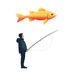 Man Fishing with Oversized Floating Fish. Fisherman and a Large Golden Fish Artwork. Creative Fishing Scene with Giant Goldfish © Anastasiia