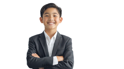 A young boy in a suit with a cheerful smile, standing confidently with arms crossed, ideal for themes of youth and professionalism.