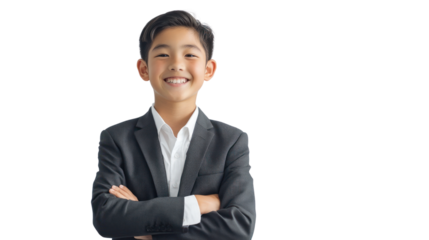 A young boy in a suit with a cheerful smile, standing confidently with arms crossed, ideal for themes of youth and professionalism.