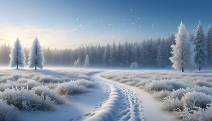 Obraz premium Snow Covered Forest In winter , A Serene Winter Landscape, Winter Wonderland With Snow Falling, 